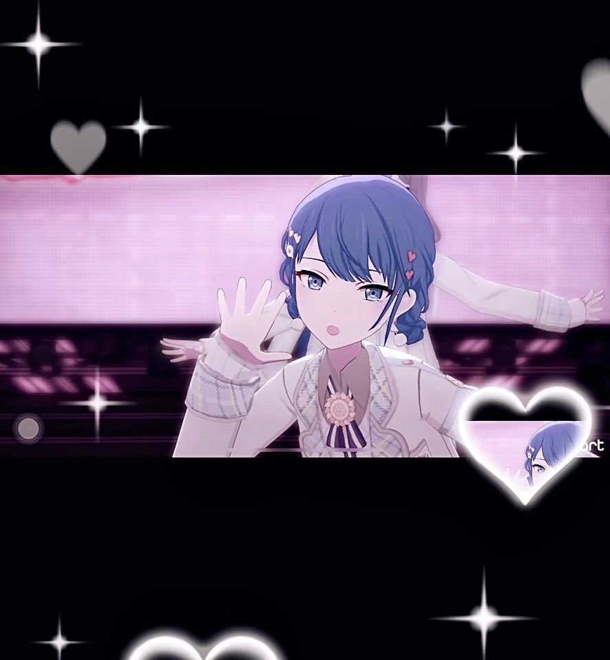 An anime-style character with blue braided hair wearing a white and blue outfit with decorative elements, performing on stage with arms outstretched, overlaid with sparkle and heart graphics on a black background.