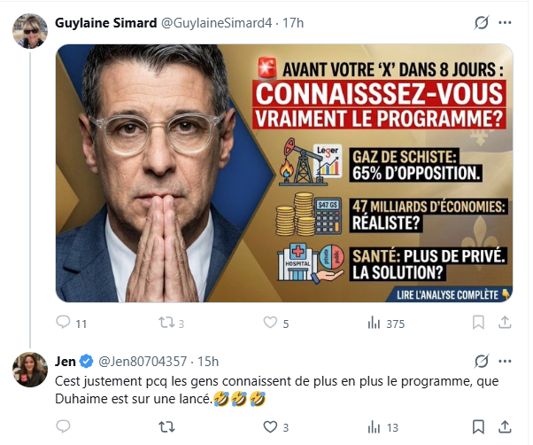 lucquebec's tweet photo. C'est justement parceque les gens découvrent le programme du PCQ que Duhaime monte dans les sondages.

La preuve : on le voit, les gens changent progressivement d’avis.

Ce que les critiques ne comprennent pas :

- exploiter nos ressources naturelles est la base de l'économie d'un pays;

- viser le maximum d’économies sans couper les services, en misant aussi sur une reprise de l’économie en baissant les taxes et les impôts;

- revoir le modèle québécois en faillite et copier ce qui fonctionne ailleurs dans le monde.
