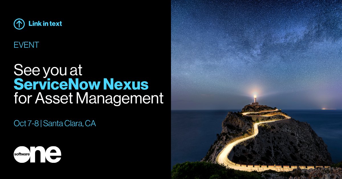 SoftwareOne_NA's tweet photo. Heading to Santa Clara for #ServiceNowNexus for #AssetManagement! Meet the @SoftwareOne_NA team at our booth to see how #ServiceNow can drive speed and value for your organization. Let’s connect! 

Details &amp; RSVP: https://t.co/L0XPkdTWkY https://t.co/xQUIEvIwmO