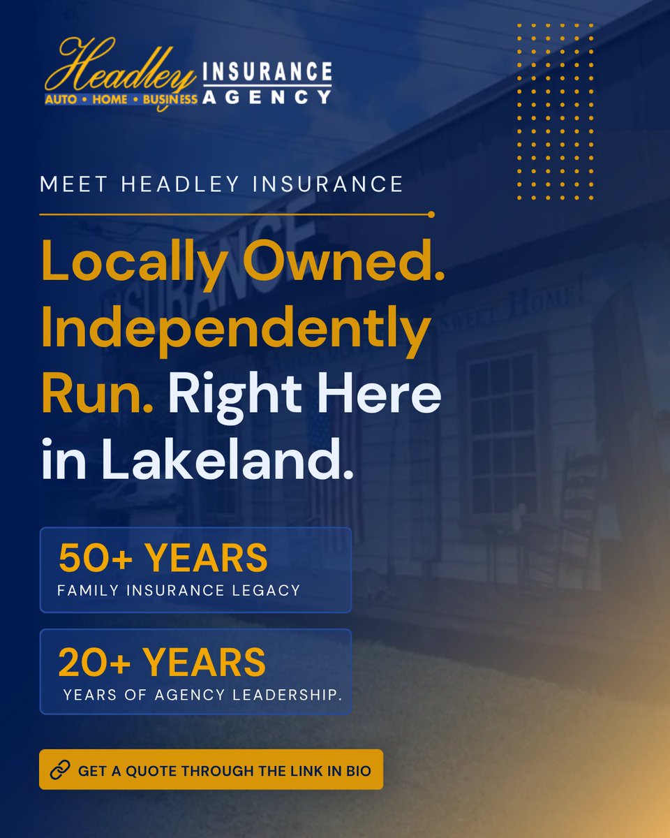 Headleyins's tweet photo. With a 50+ year family insurance legacy and more than 20 years of agency leadership, we believe insurance should come with experience, personal service, and people you can actually talk to.

We’re proud to call Lakeland home and help our neighbors protect what matters to them.

# https://t.co/0RnrcUkrfx
