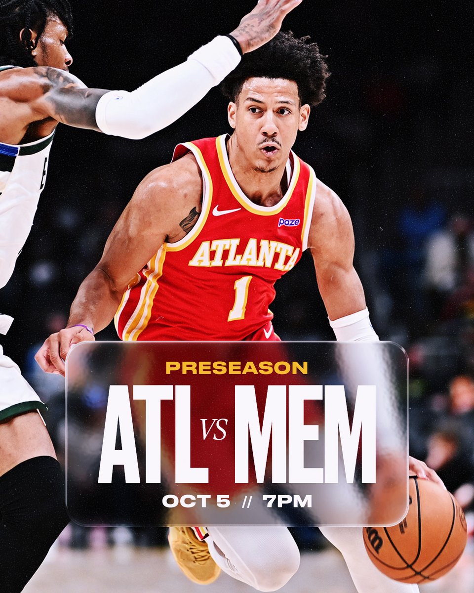 ATLHawks's tweet photo. Preseason basketball begins tonight! 🏀

🆚 @memgrizz 
⏰ 7 PM ET
📍 @StateFarmArena 
📺 @peachtreetv 
🎟️ https://t.co/BJIDCcPn64 https://t.co/cvboJzomiV