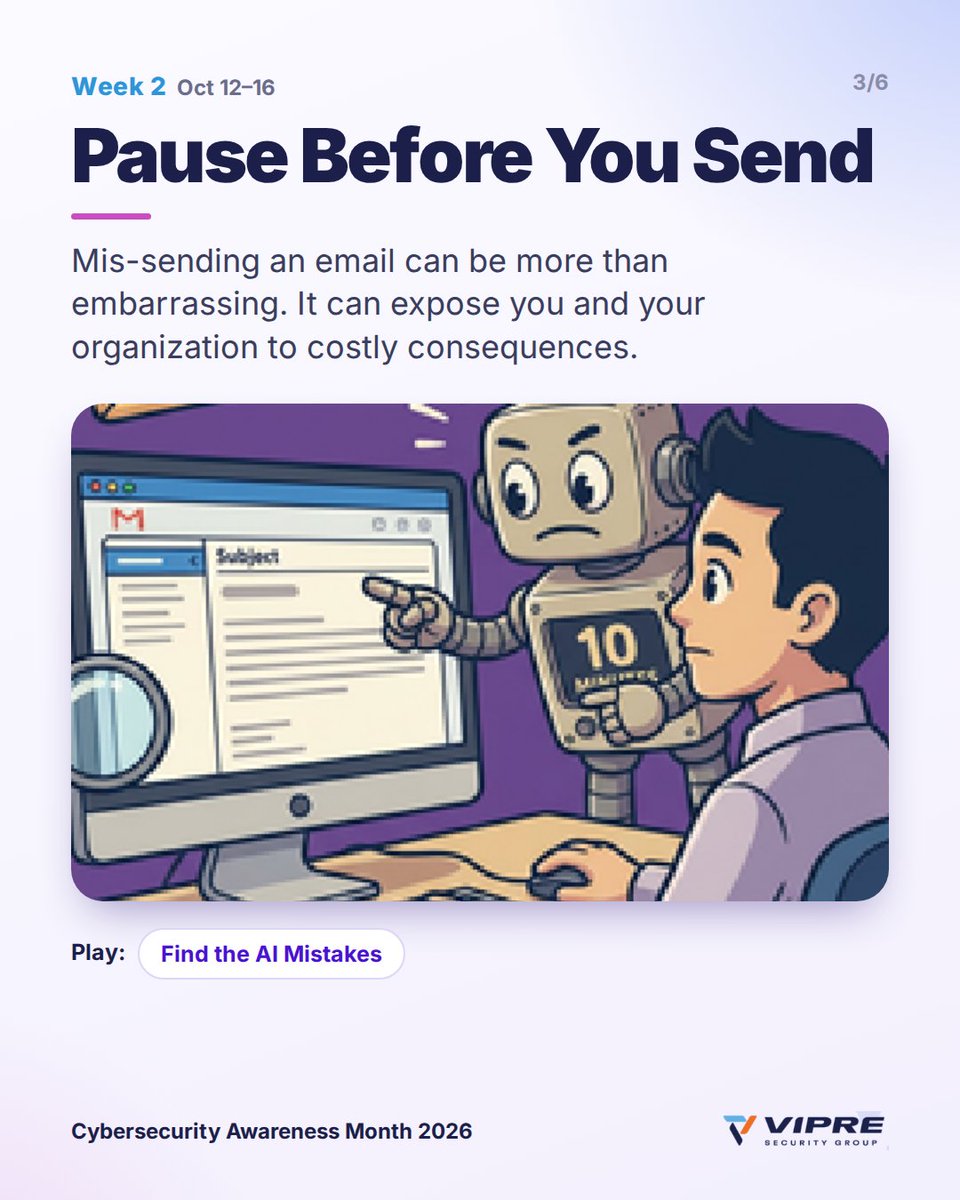 VIPRESecurity's tweet photo. Cybersecurity Awareness Month starts today 🛡️ 4 weeks, 4 themes:

🔍 Week 1: Stop. Verify. Protect.
✉️ Week 2: Pause Before You Send
🔁 Week 3: Small Habits, Big Protection
💻 Week 4: Secure Every Device

Free kit 👇
https://t.co/R8yMjNrQD6

#CybersecurityAwarenessMonth https://t.co/3gEZG38xxv
