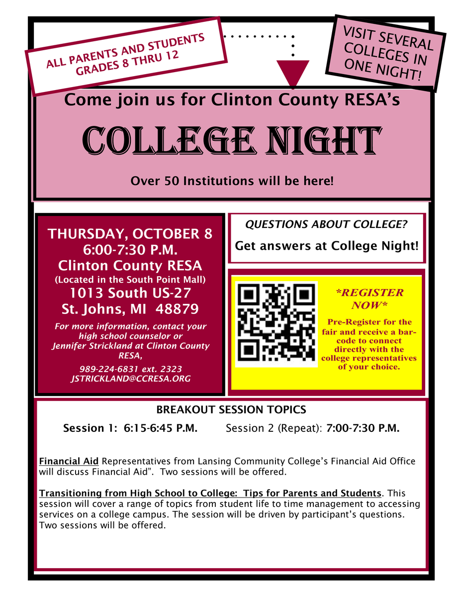 CapitalAreaCAN's tweet photo. Join us this week at @ClintonRESA College Night! Explore your post-secondary options and get your questions answered. Scan or screenshot the QR to pre-register and get connected to college reps. 

🗓️ Thur Oct 8 | 6:00-7:30pm
📍 Clinton County RESA @ South Point Mall in St. Johns https://t.co/2g8QuKnMQK