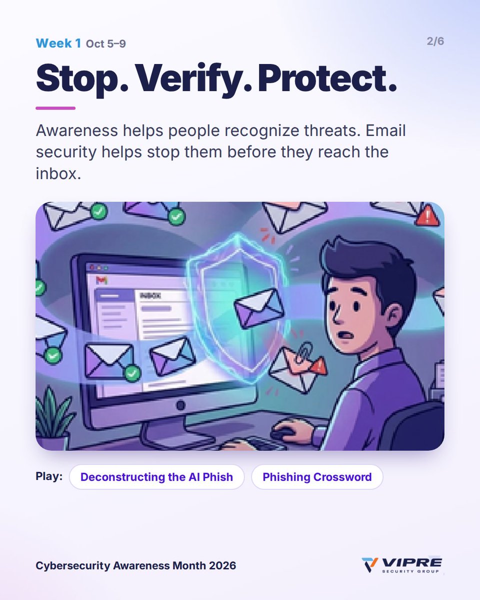 VIPRESecurity's tweet photo. Cybersecurity Awareness Month starts today 🛡️ 4 weeks, 4 themes:

🔍 Week 1: Stop. Verify. Protect.
✉️ Week 2: Pause Before You Send
🔁 Week 3: Small Habits, Big Protection
💻 Week 4: Secure Every Device

Free kit 👇
https://t.co/R8yMjNrQD6

#CybersecurityAwarenessMonth https://t.co/ABKYFCrVWs