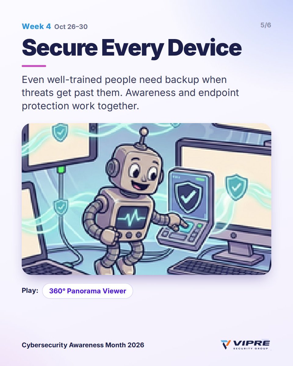 VIPRESecurity's tweet photo. Cybersecurity Awareness Month starts today 🛡️ 4 weeks, 4 themes:

🔍 Week 1: Stop. Verify. Protect.
✉️ Week 2: Pause Before You Send
🔁 Week 3: Small Habits, Big Protection
💻 Week 4: Secure Every Device

Free kit 👇
https://t.co/R8yMjNrQD6

#CybersecurityAwarenessMonth https://t.co/ABKYFCrVWs