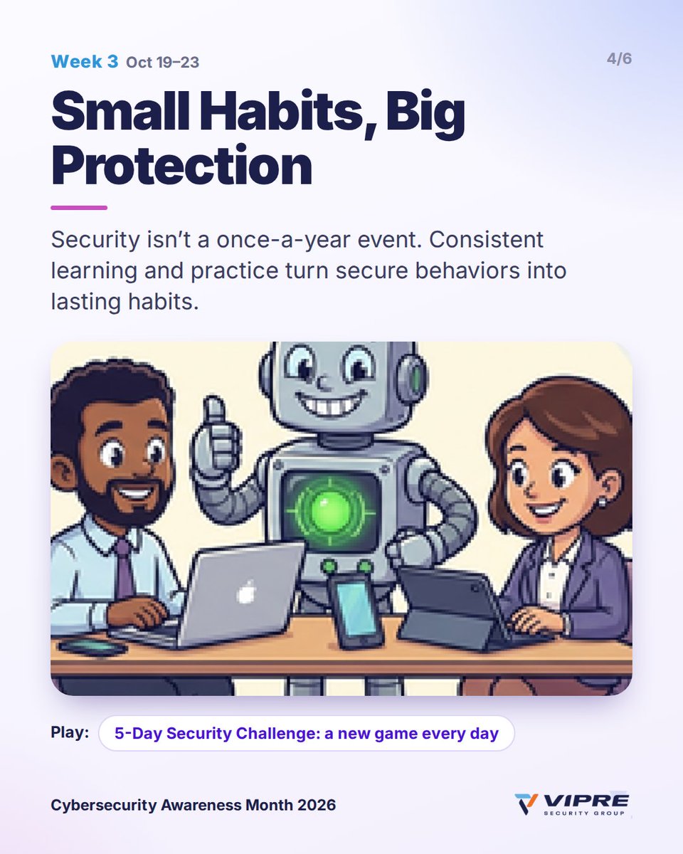 VIPRESecurity's tweet photo. Cybersecurity Awareness Month starts today 🛡️ 4 weeks, 4 themes:

🔍 Week 1: Stop. Verify. Protect.
✉️ Week 2: Pause Before You Send
🔁 Week 3: Small Habits, Big Protection
💻 Week 4: Secure Every Device

Free kit 👇
https://t.co/R8yMjNrQD6

#CybersecurityAwarenessMonth https://t.co/ABKYFCrVWs