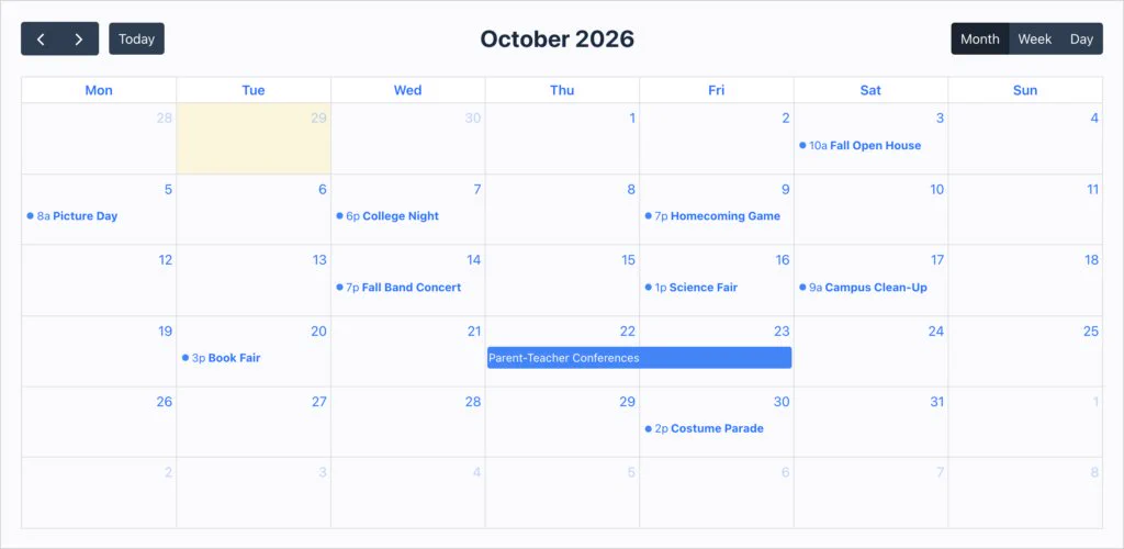 A GravityCalendar month view for October 2026 with school events, including a Fall Open House, Homecoming Game, Fall Band Concert, and Parent-Teacher Conferences