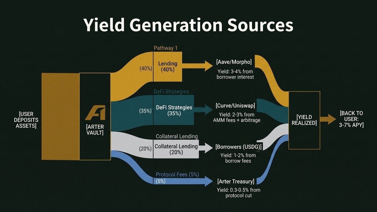 arterfinance's tweet photo. Understanding the flow of Yield Generation in the Arter Vault. 

User deposits are strategically diversified across Lending (40%), DeFi Strategies (35%), and Collateral Lending (20%) to optimize returns. 
By utilizing top platforms like Aave, Morpho, Curve, and Uniswap, this mechanism generates a realized yield of 3-7% APY directly back to the users.

$ARTER
https://t.co/BJTIqW85oE