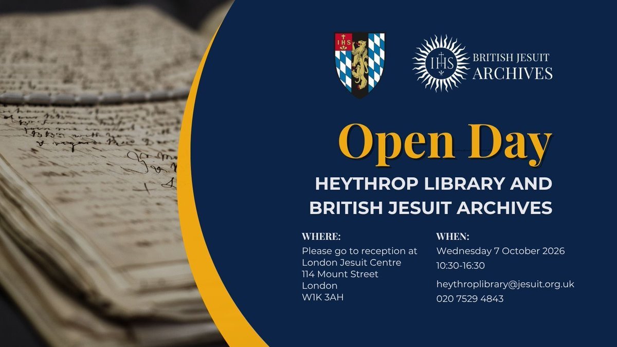 JesuitArchives's tweet photo. ⏰ Just 2 days to go!

Join us this Wednesday for the Heythrop Library &amp; British Jesuit Archives Open Day.

📍 London Jesuit Centre
🕥 10:30–16:30

Discover our collections, see our displays, and learn about our resources. We hope to see you there!

@HeythropLib https://t.co/wxbbpfxe57