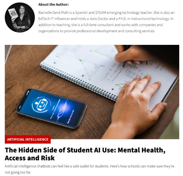 thriveinedu's tweet photo. My article for @EdTech_K12 Magazine about #AI use and student impact. Thanks to Dr. Buddy Berry, Dr. Kristen Mattson, @NancyeBlairBlack and Jessica Gillespie for some insights. https://t.co/AVxqSxdfhw #education #edchat #edtech #school #backtoschool #edleaders https://t.co/rkPk6gRgYK