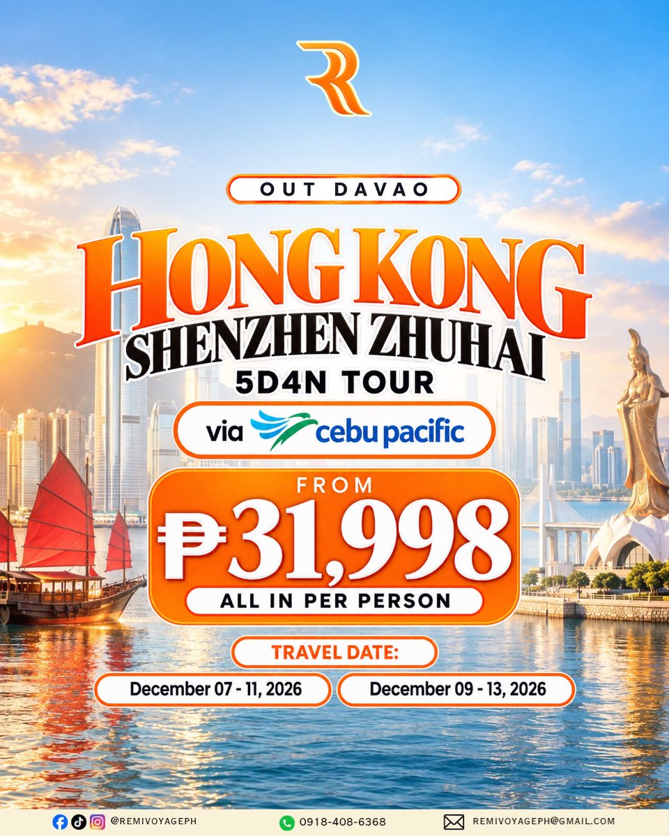 Cora30286632's tweet photo. Davao to Hong Kong: 4D3N Hong Kong, Shenzhen and Zhuhai Tour. From ₱31, 998 all-in per person via Cebu Pacific. Travel dates: Dec. 7–11 or 9–13, 2026. Limited slots available. Message Remi Voyage to reserve. https://t.co/0SbDPXAnIl
