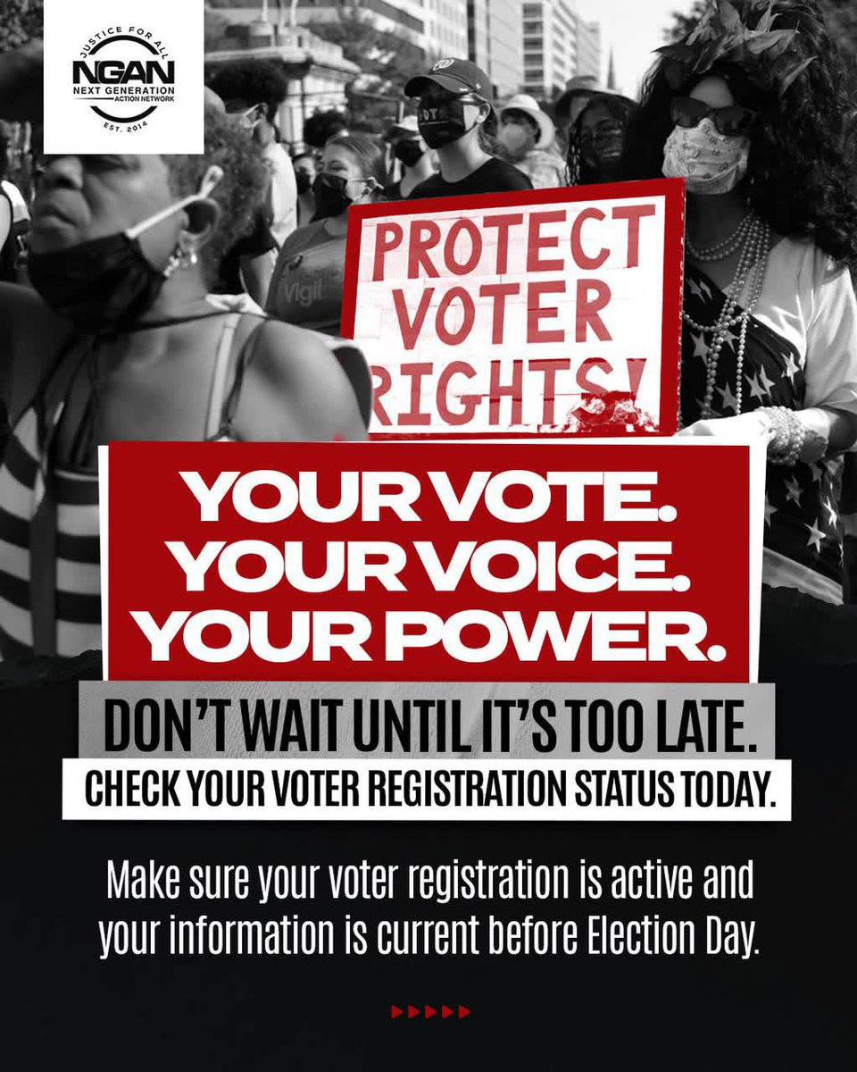 NextGenAction's tweet photo. Your voice shapes your schools, streets, and safety.
But only if you’re on the roll. ✊🏾
Last day to register in Texas is TODAY. https://t.co/fCuBtolC8q
#NGAN #RegisterToVote https://t.co/dpIfcNap5Y