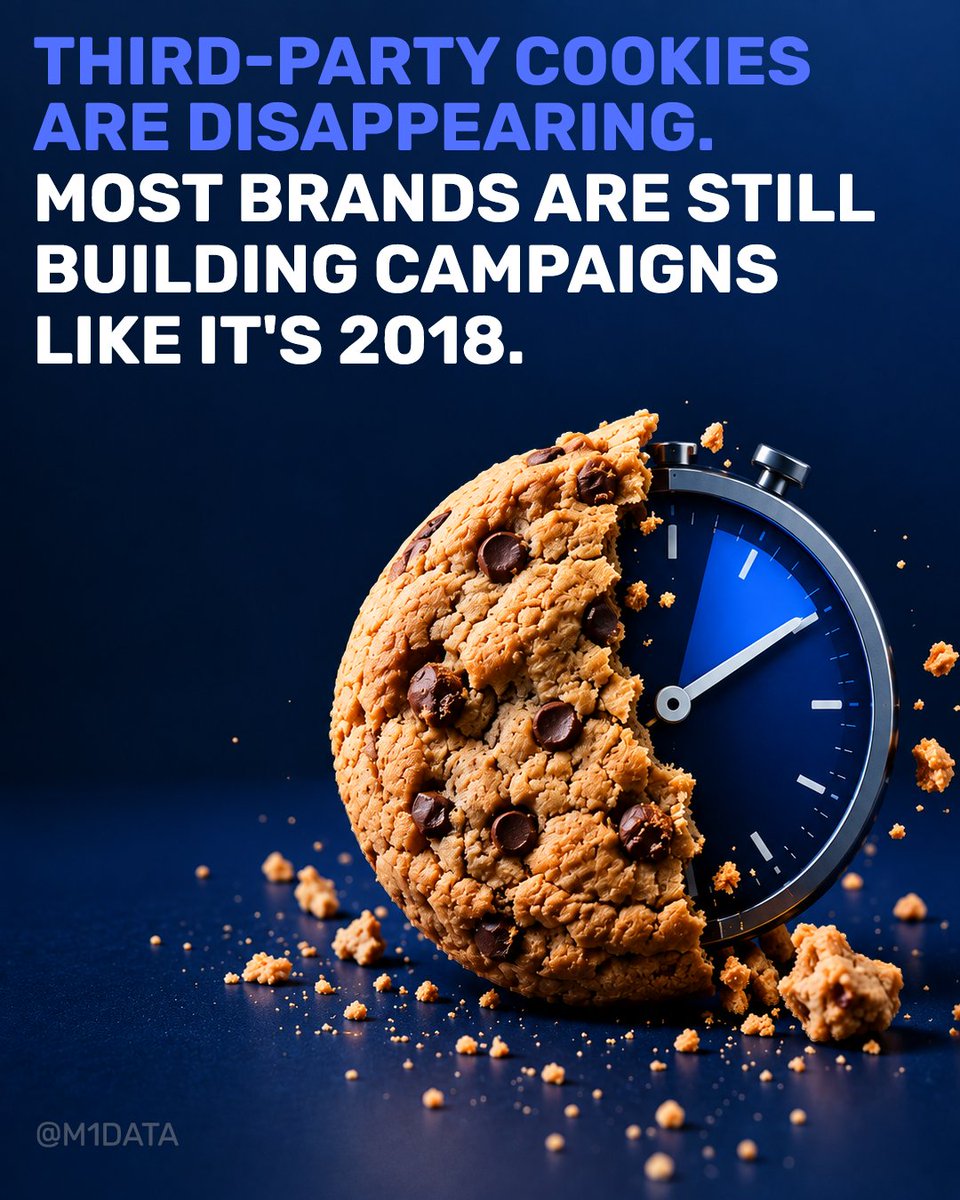 M1Data's tweet photo. Third-party cookies are going away. A lot of ad strategies haven't caught up.
 
 If your targeting still leans on cookie-based signals, it's time to ask: what's your first-party data plan?
 
 #CookielessFuture #FirstPartyData #AdTech #PrivacyFirstMarketing #DigitalAdvertising https://t.co/f6mmhx2eut