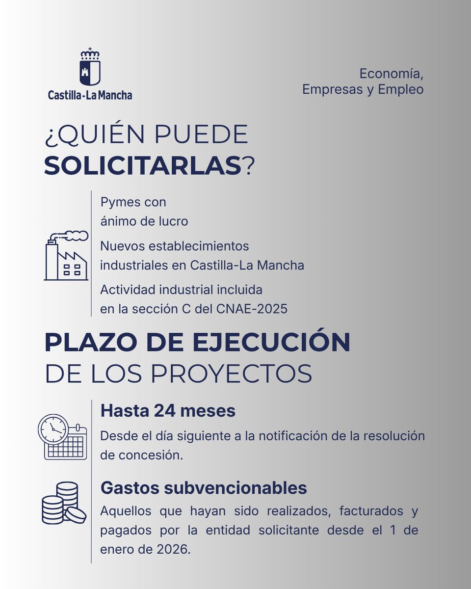 EconomiaCLM's tweet photo. [#EMPRESASCLM] 🏭 6 millones de euros para impulsar el nacimiento de pymes industriales en Castilla-La Mancha

📅 Solicitudes desde mañana hasta el 5 de julio de 2027

#CastillaLaMancha #Industria #Pymes #Ayudas #PlanAdelante https://t.co/lrxSOBszOj
