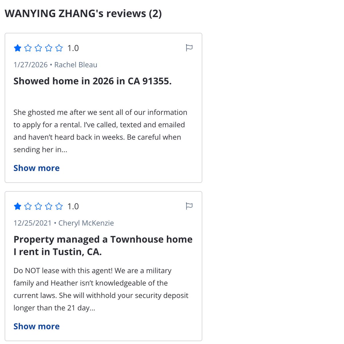 Terenceshen's tweet photo. The arrested Chinese spy Wanying Zhang got some bad reviews on Zillow. 😂 https://t.co/N0U2M8Re7x