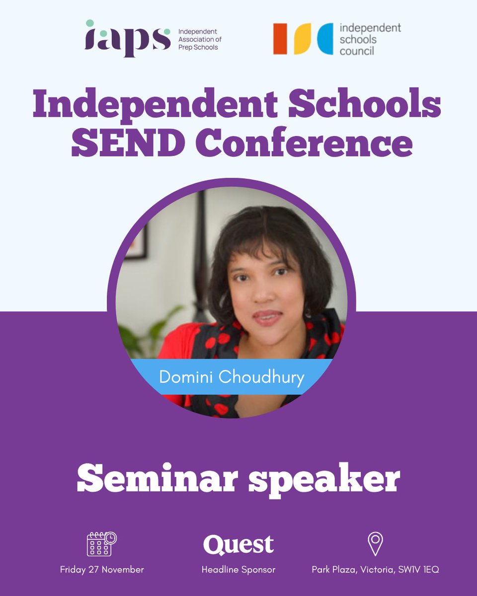 ISC_schools's tweet photo. We're excited to announce Domini Choudhury as our second seminar speaker for our upcoming Independent Schools SEND conference!

For more information on Domini's session and booking details, visit the IAPS website: https://t.co/6SLq77dHek https://t.co/w3hdWIxFge