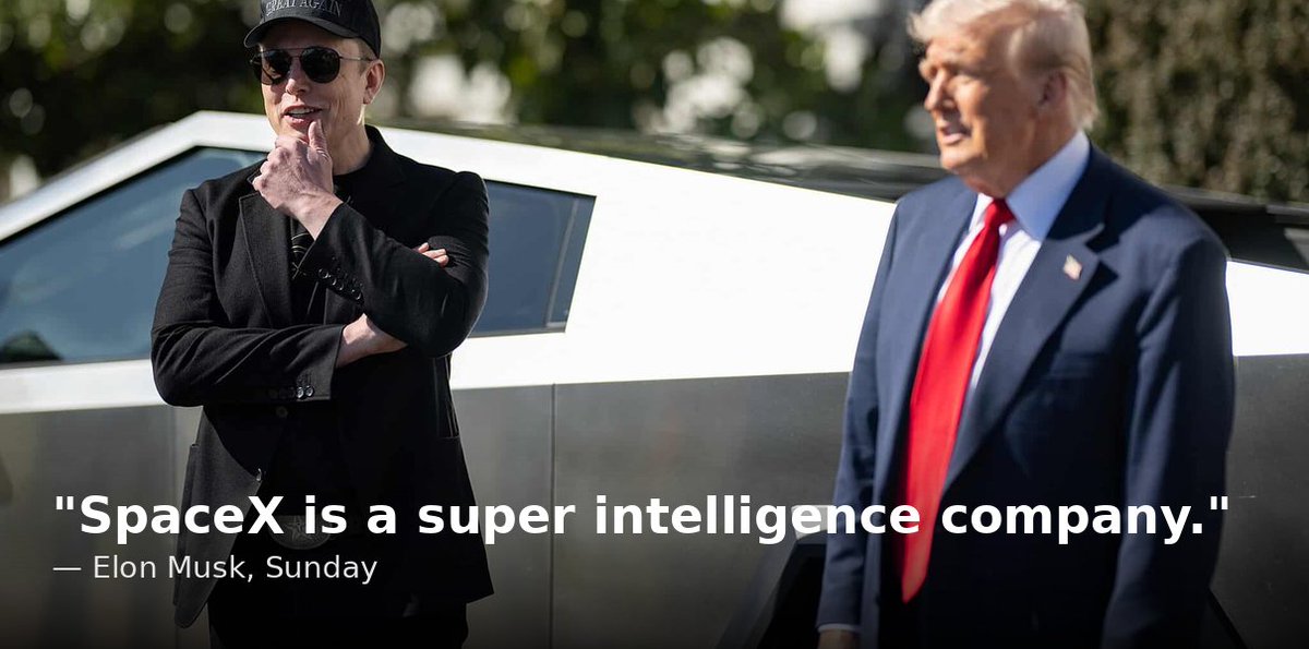 BullX43's tweet photo. $SPCX's AI arm is getting renamed — again.

Early Sunday, Musk posted "No more AI." "SI." "It's better." Then the kicker: "SpaceX is a super intelligence company." Asked if SpaceXAI becomes SpaceXSI, he replied: "Yes, we will make that change."

Third name in eight months — SpaceX folded xAI into itself in February ($1.25T combined), then rebranded it SpaceXAI in July. No timeline yet, and no formal announcement — just Musk's reply.

The stock's already moving: $SPCX jumped 7.35% Friday to $158.96 — its best week in nearly two months — on three launches in under 13 hours, then added about 1% overnight Sunday on the rename talk.

Trump's Sept 29 order tells federal agencies to use "super intelligence" instead of "AI" across official documents and communications. Musk already caught himself at the White House last week — "the positive benefits of A.I. … S.I., pardon me."