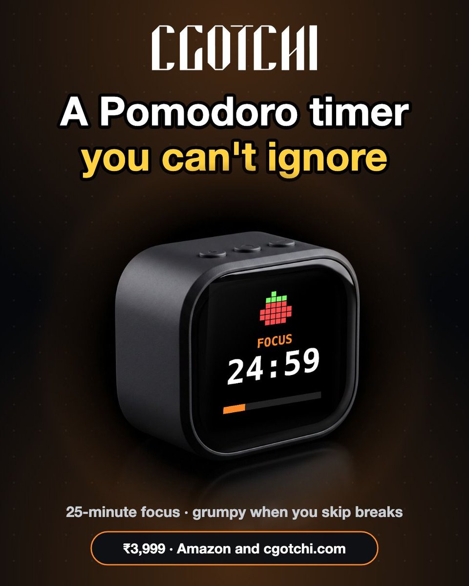 cgotchi_x's tweet photo. A Pomodoro timer you can't ignore 🍅 Build it on cgotchi: 25 minutes of focus on the 2.01" screen, a face that gets grumpy when you skip your break, and a beep from the 3 W speaker when time is up.

Order now on Amazon and https://t.co/KTZWgzb2HQ · ₹3,999 #esp32 #makersindia https://t.co/eQ1BskoYgC