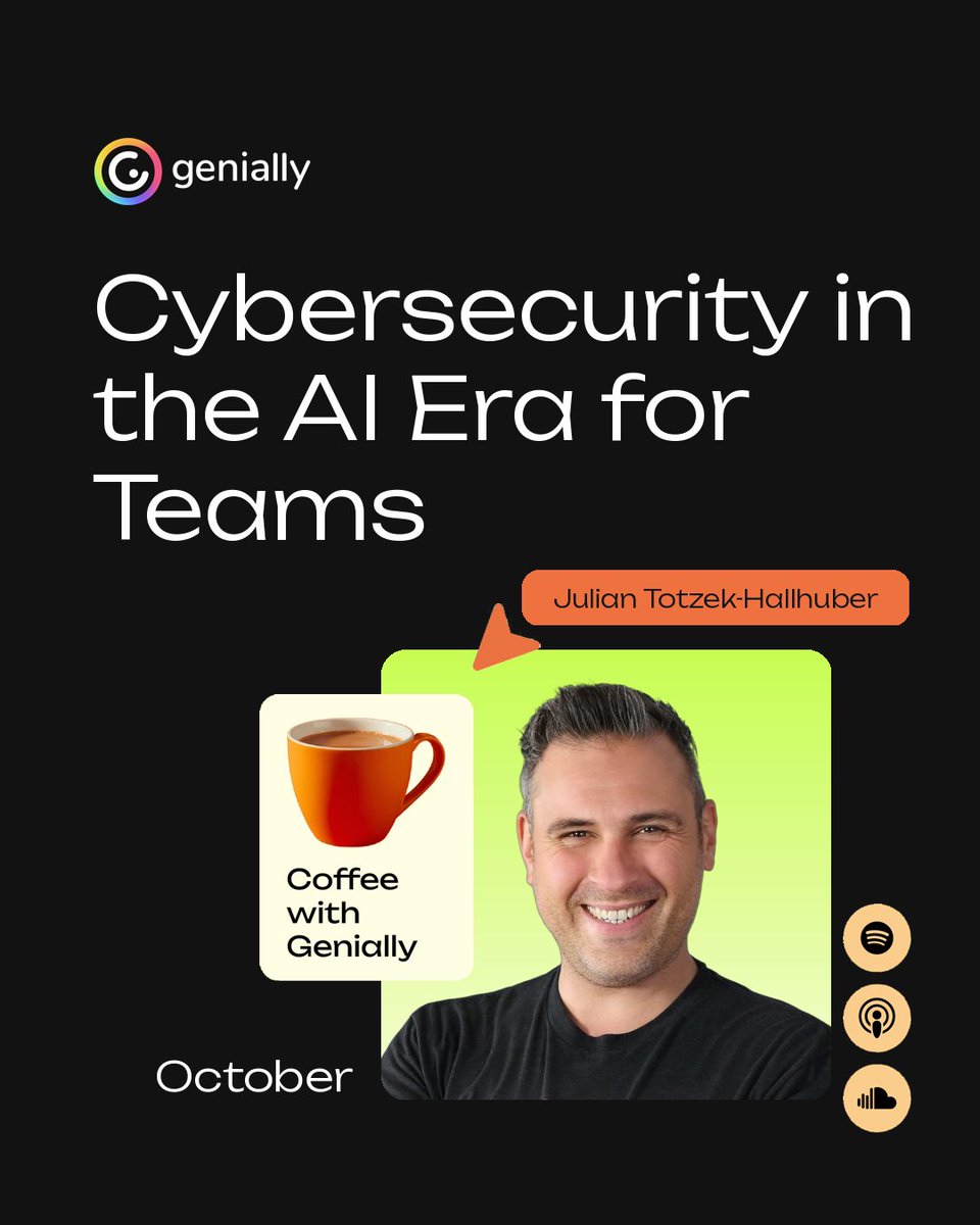 genially's tweet photo. AI is transforming how teams work, and how cyber threats evolve. 🔐

Join Julian Totzek-Hallhuber for Coffee with Genially on October 6 and learn what your organization can do to prepare.

Register: https://t.co/TO3MINtZ6y https://t.co/76TxyCHYvO