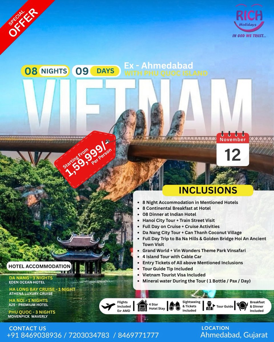 andresvero's tweet photo. Vietnam awaits: 9 days across Hanoi, Ha Long Bay, Da Nang, Hoi An and Phu Quoc. Includes flights from Ahmedabad, 4-star stays, visa, meals, tours and attractions. Departure: 12 November. Starting at ₹1, 59, 999 per person. https://t.co/wnsyQwJV4X