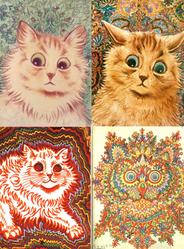 Anomalytism's tweet photo. This art is so genuinely beautiful but when are we going to stop the Louis Wain misinformation rep !! This is inspired off this image that's very commonly used to show how he "descended into madness" which never happened! 

🧵  in replies https://t.co/4ZU0vdjBM7