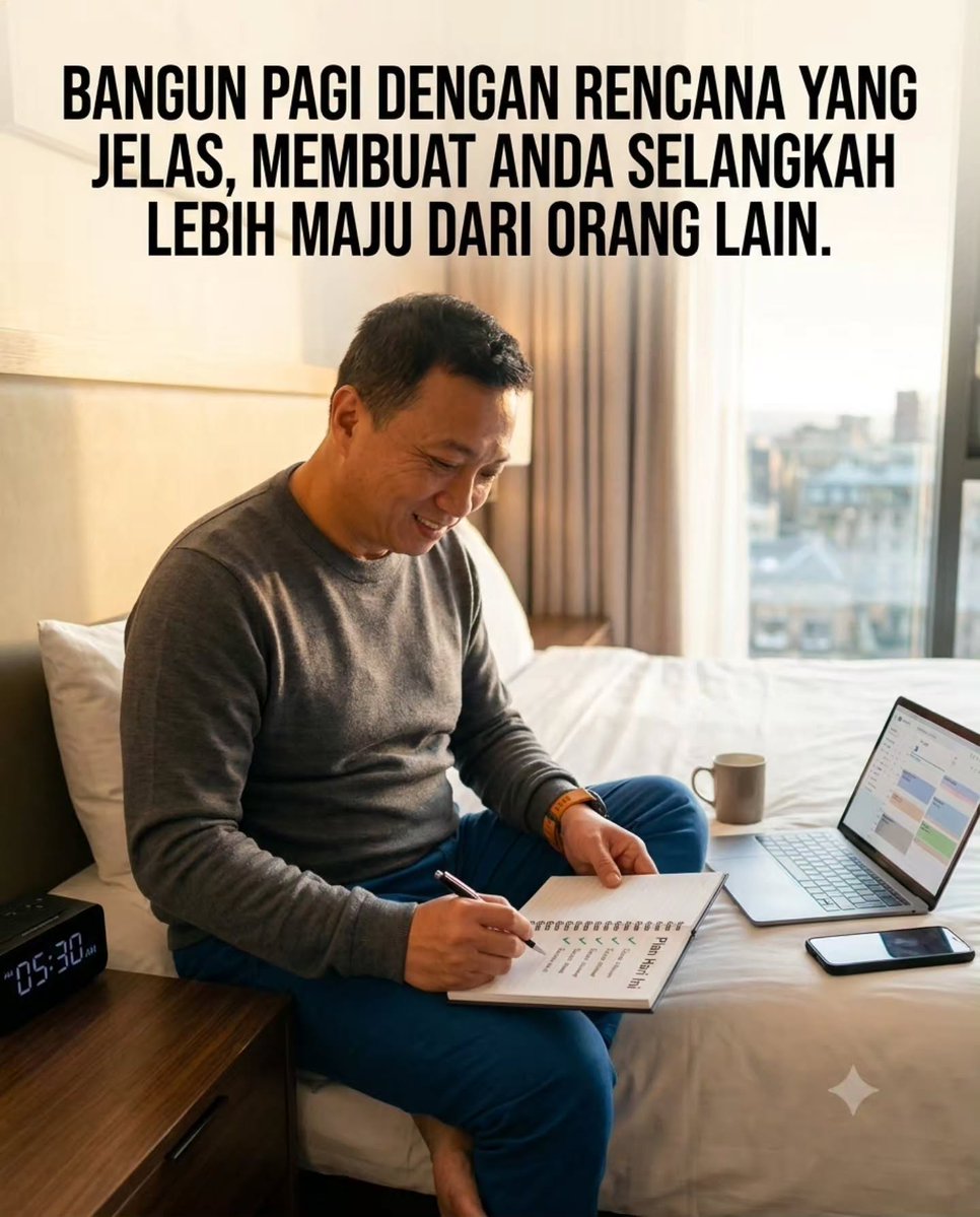 geiciane9's tweet photo. Bangun dengan arah, bukan autopilot. Tulis 3 prioritas, selesaikan tugas terberat pagi hari, lalu blok waktu fokus. Rancang harimu sejak awal, jangan cuma bertahan sampai jam pulang. https://t.co/UuQRDTvsiW