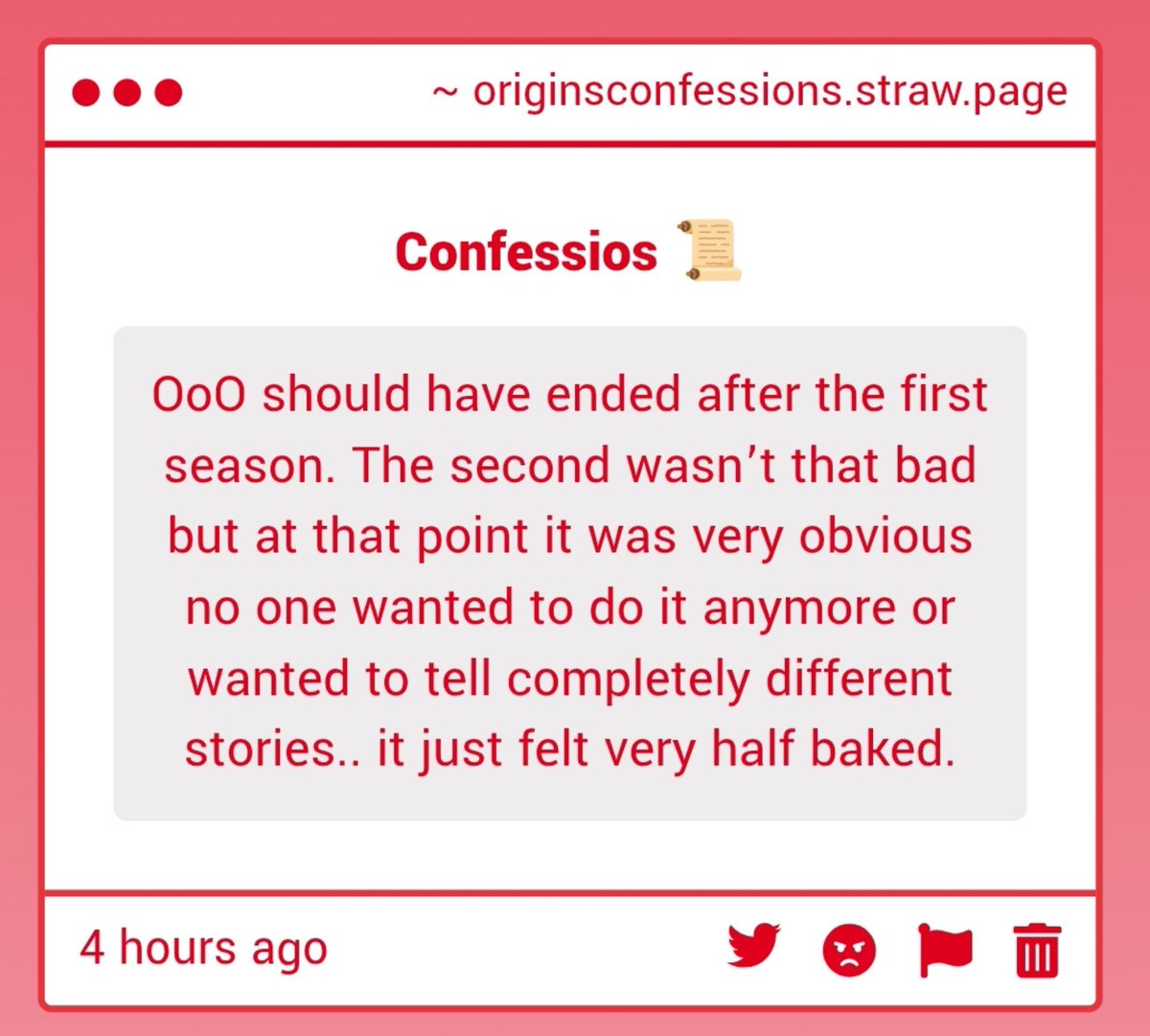 originconfessio's tweet photo. ☘️| "OoO should have ended after the first season. The second wasn’t that bad but at that point it was very obvious no one wanted to do it anymore or wanted to tell completely different stories.. it just felt very half baked." -Anon https://t.co/KO9QANXTkz