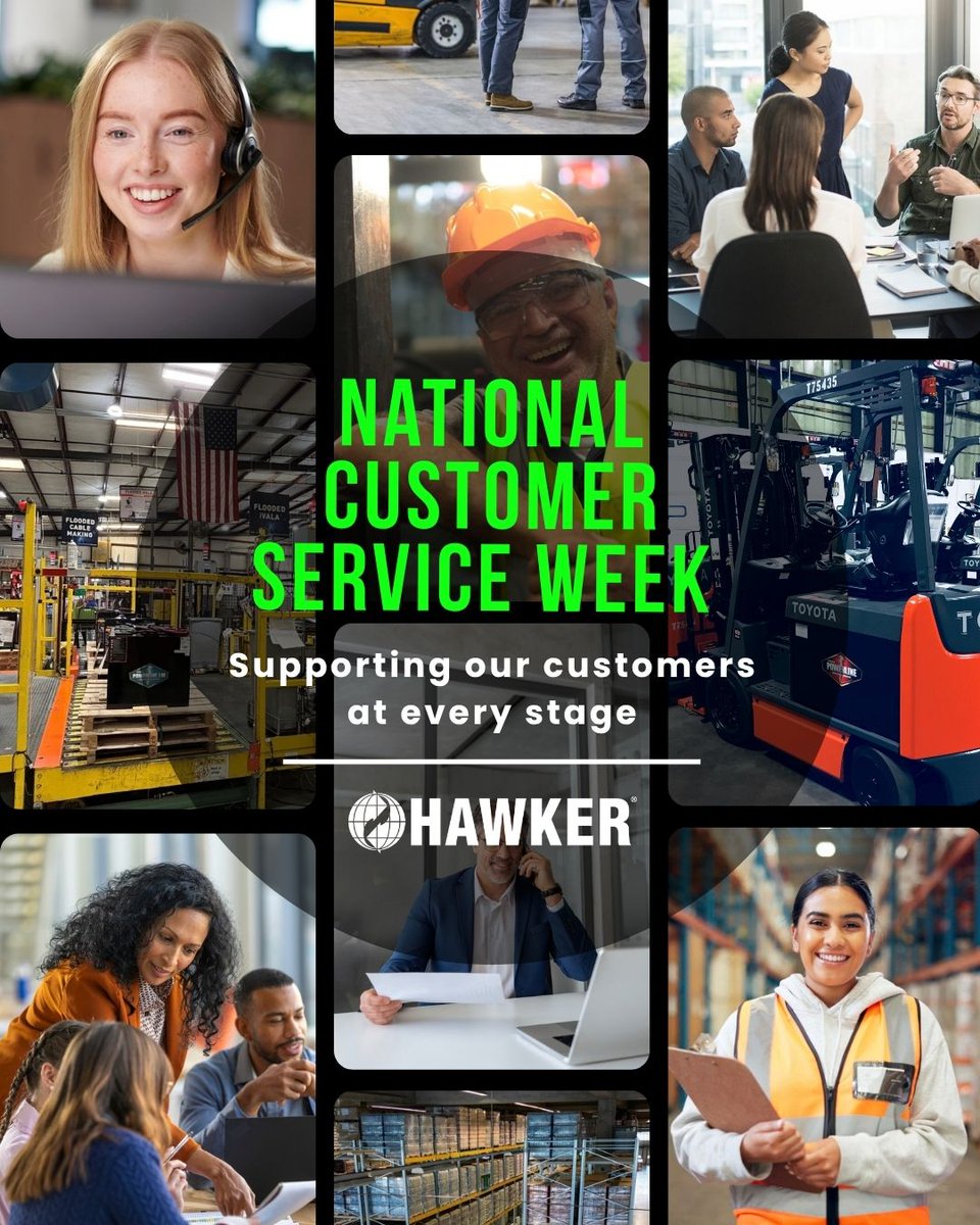 HPowersource's tweet photo. It's National Customer Service Week! At HAWKER, customer service extends across every stage of the customer relationship, including the life of the equipment after the sale. Thank you to our team and to the customers who trust us. https://t.co/oSpsDeCrCa