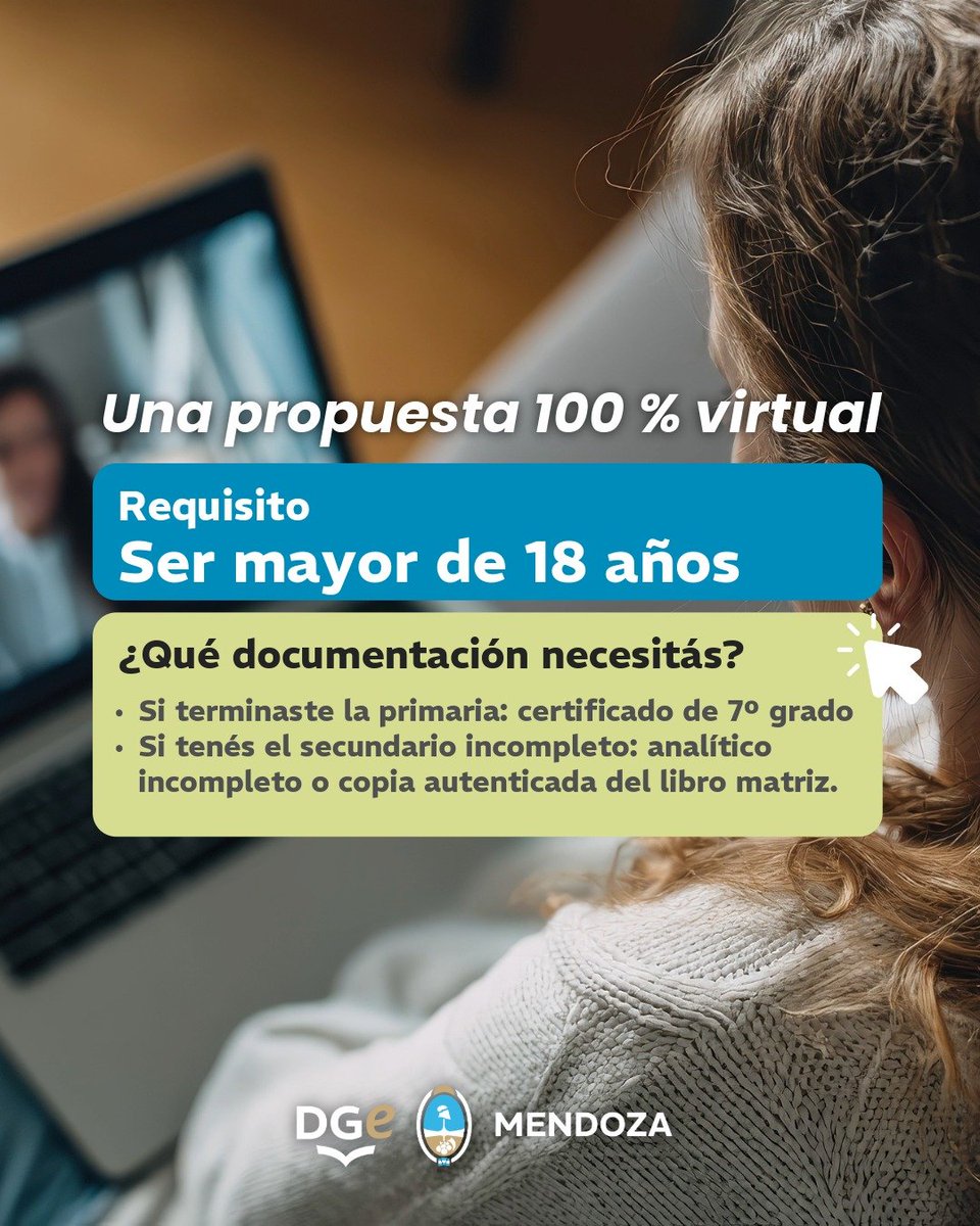 MzaDGE's tweet photo. ¿Te quedó pendiente terminar la secundaria? Nunca es tarde para volver a estudiar. 📚

La propuesta Educación a Distancia posibilita que personas mayores de 18 años puedan completar sus estudios secundarios de manera virtual.

Inscripciones abiertas 🔗 https://t.co/3d8NCCEVIP https://t.co/qG30IVvlnB