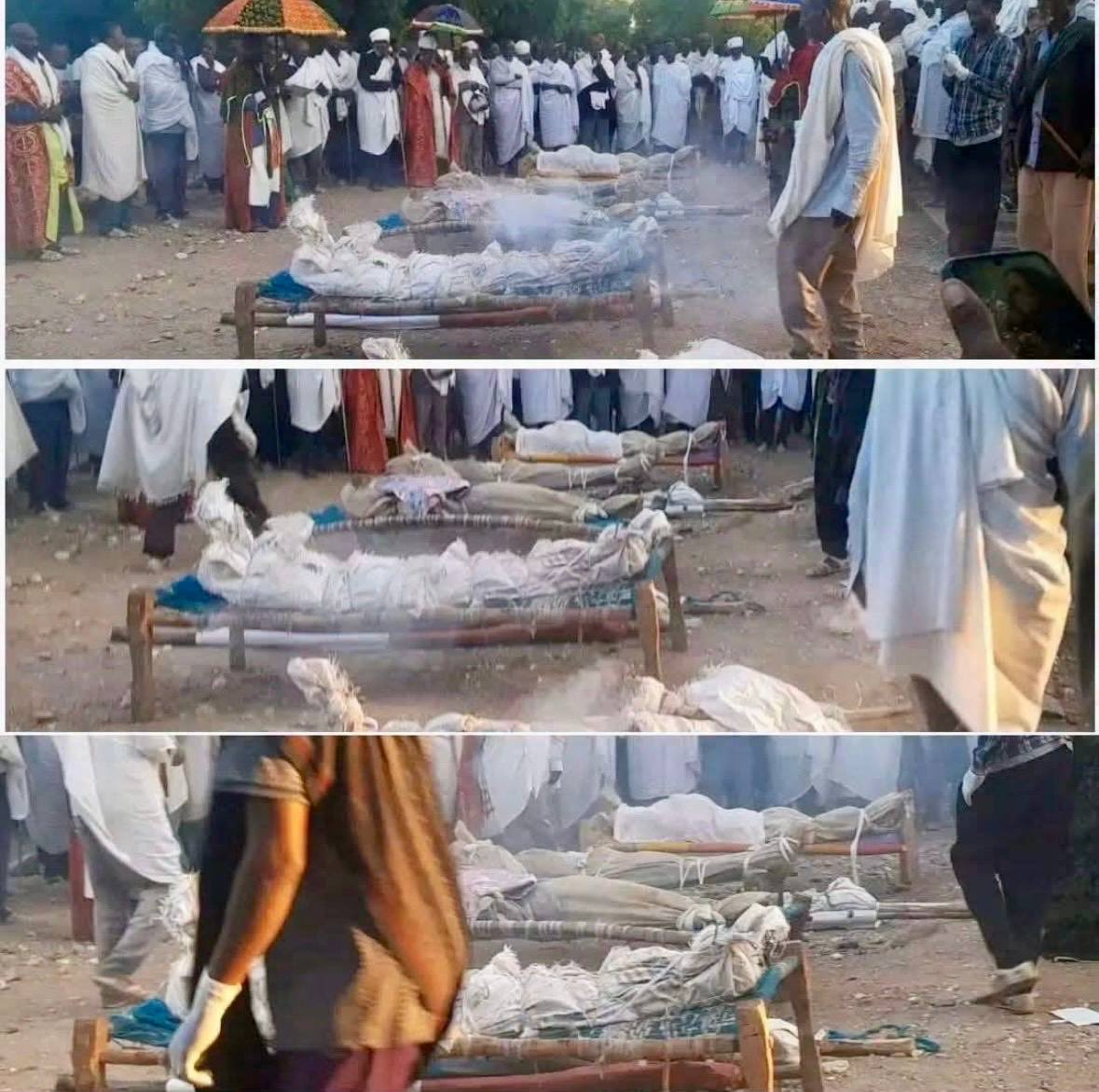 KassaHMariam's tweet photo. The funeral service for a mother and her five children, who were among the internally displaced people (IDPs) massacred in the Ethiopian government drone attacks in Sherraro, Northwestern Tigray, highlights the severity of the war crimes. The involvement of the United States, the European Union, and the international community in enabling this genocide raises significant concerns regarding the adherence to humanitarian principles and laws.
@SenateForeign @SenatorShaheen @SenatorRisch @SenatorCardin @SenBooker @ChrisCoons @SecRubio @ChrisVanHollen @antonioguterres @EUCouncil @EU_Commission