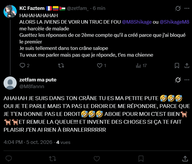 zetfam_'s tweet photo. Il a créé un TROISIEME compte rien que pour me parler
T'es tellement ma salope, toi et Lindikos je vous ai own de malade
Va m'accuser de violeur, tes méthodes d'extrême droite de harceler et mentir, sale raciste de merde
Tout les M8 ont honte de toi
C'est ça vos fans @gentlemates https://t.co/j3rsuawLlv