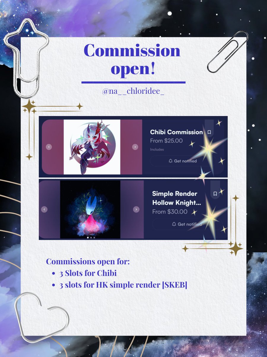 na__chloridee_'s tweet photo. Hello everyone! ⋆˚࿔
My commissions are open for:
✶3 slots Chibi Commissions
✶3 slots Simple Render Hollow Knight Commissions [SKEB]

For details and terms of service, you can click the link below!
Thank you! https://t.co/dRWl6T7q9u