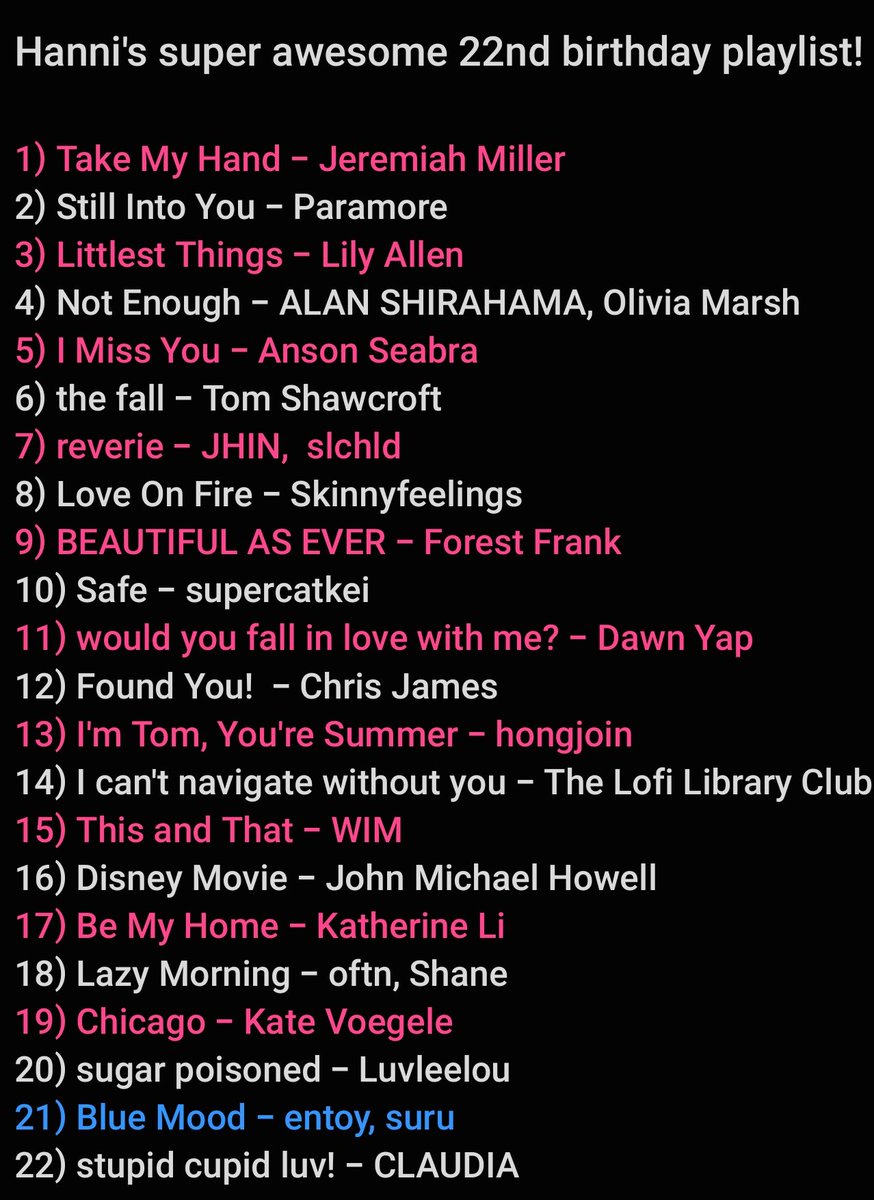 Tokki_ql's tweet photo. Just want to keep Hanni's birthday playlist tradition alive. So here's my list of songs for Hanni!

#빵하니생일대빵축하
#HappyHanniverse
#HAPPY_HANNI_DAY https://t.co/pYv7z5y251