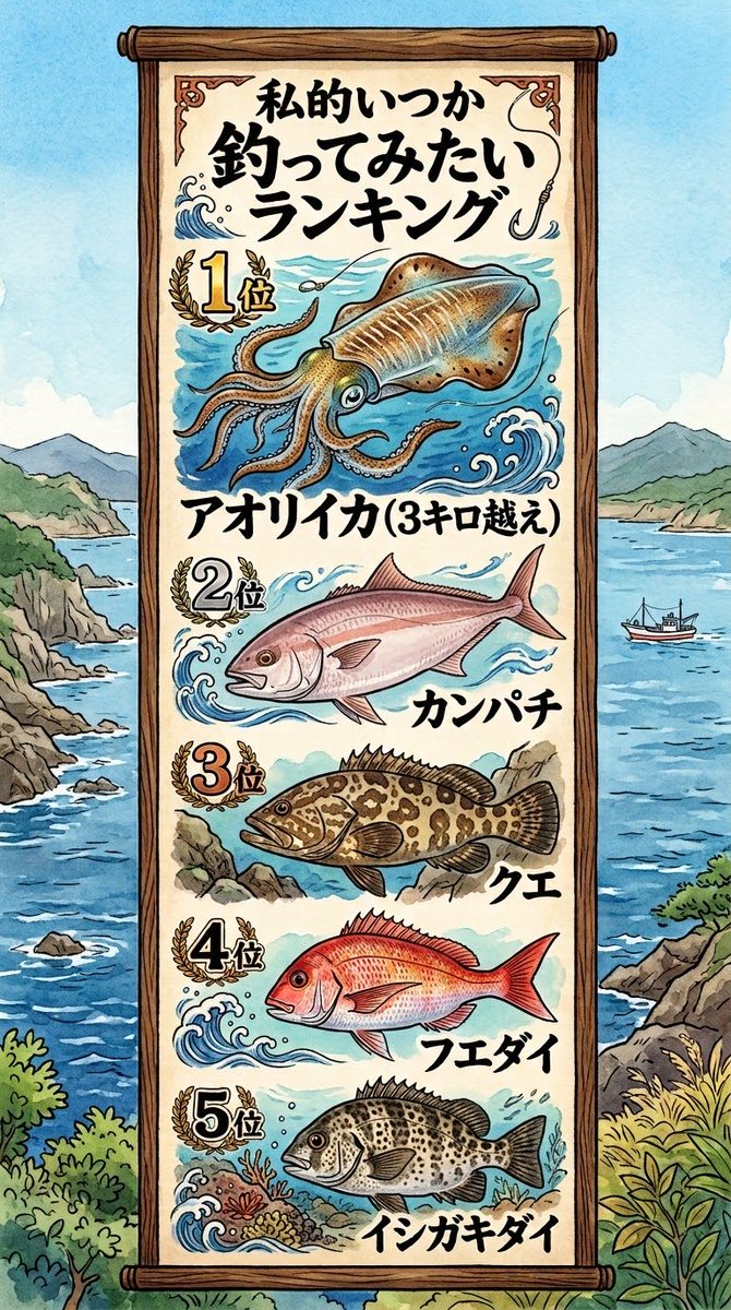 dr_coac123's tweet photo. 【私的・いつか釣ってみたいランキング🎣】

🥇1位　アオリイカ（3kg超え）
🥈2位　カンパチ
🥉3位　クエ
     4位　フエダイ
     5位　イシガキダイ

特にアオリイカ3kg超えは絶対に釣ってみたい🦑

皆さんの
「いつか釣ってみたい魚」も教えてください！

知らない魚が出てきそうで楽しみです😆🎣 https://t.co/4IqJqiH7u1