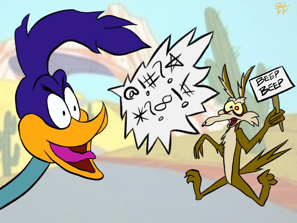 BarrenSloppy's tweet photo. Beep Beep
Looney Tunes digital fan art. I had a thought that Road Runner actually has dialog but it always get beeped out.

#baronhoppe
#looneytunes #looneytunescartoons #looneytunesfanart #LooneyTunesFan #roadrunner #wileecoyote #wileycoyote #digitalart #krita #freehand #art https://t.co/4CLaPcog4j