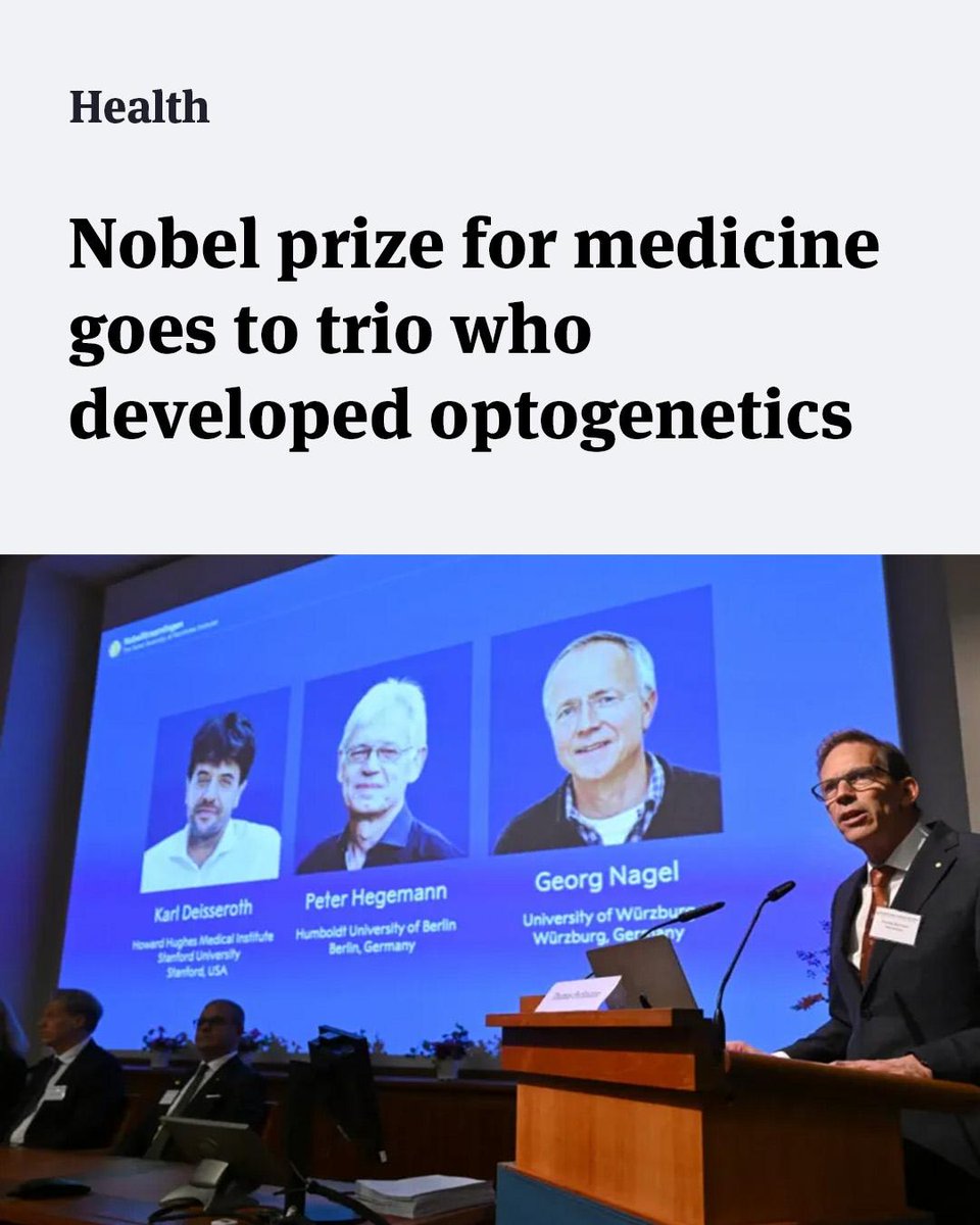 newscientist's tweet photo. The 2026 Nobel prize in physiology or medicine goes to a trio for the development of techniques for controlling brain cells with light. https://t.co/921pXw2ua0