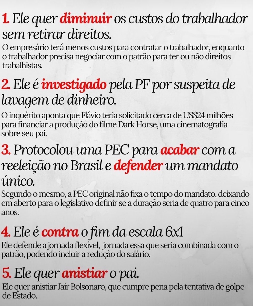 chartmatue's tweet photo. 5 motivos para NÃO votar em Flávio Bolsonaro no segundo turno!

#Eleições2026 #EleNão https://t.co/Rz7J0Bvr9y