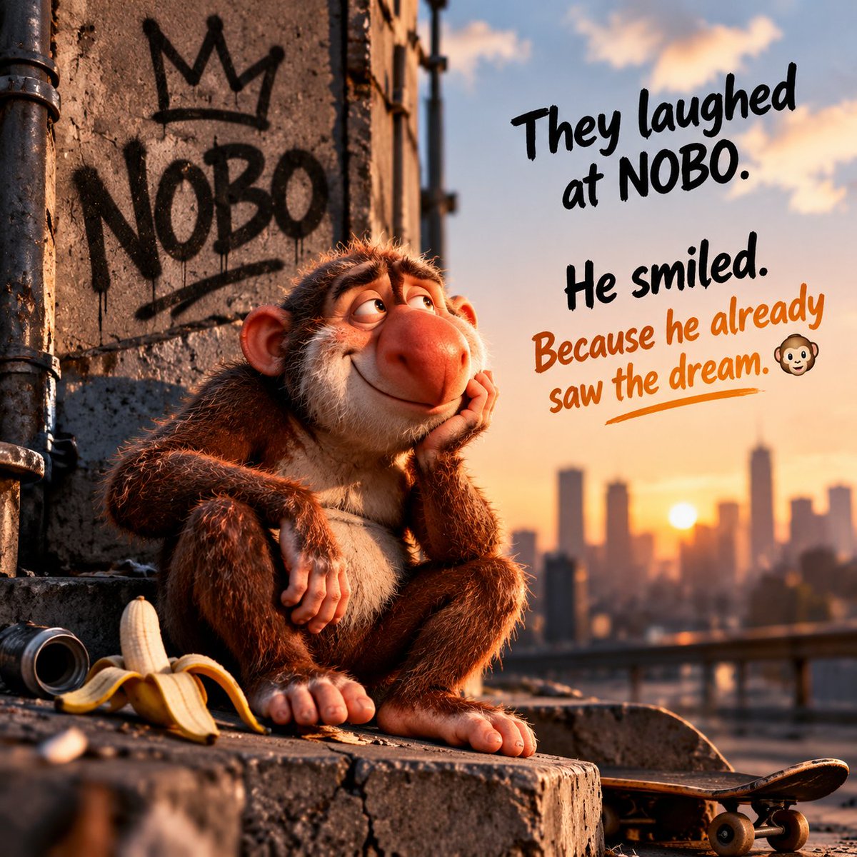 NoboTheMonkey's tweet photo. They laughed at NOBO.

He smiled.

Because he already saw the dream. 🐒

$NOBO https://t.co/9FUjOXFlJQ