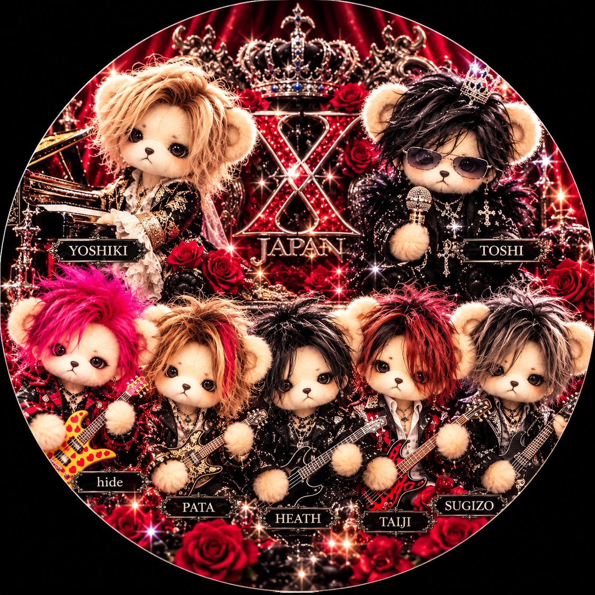 hide722yu's tweet photo. XJAPANのメンバーをイメージした、くま🧸ちゃん(*´罒`*)

 #XJAPAN
 #メンバー
 #くま
 #画像どうぞ https://t.co/thpFbhV5ng