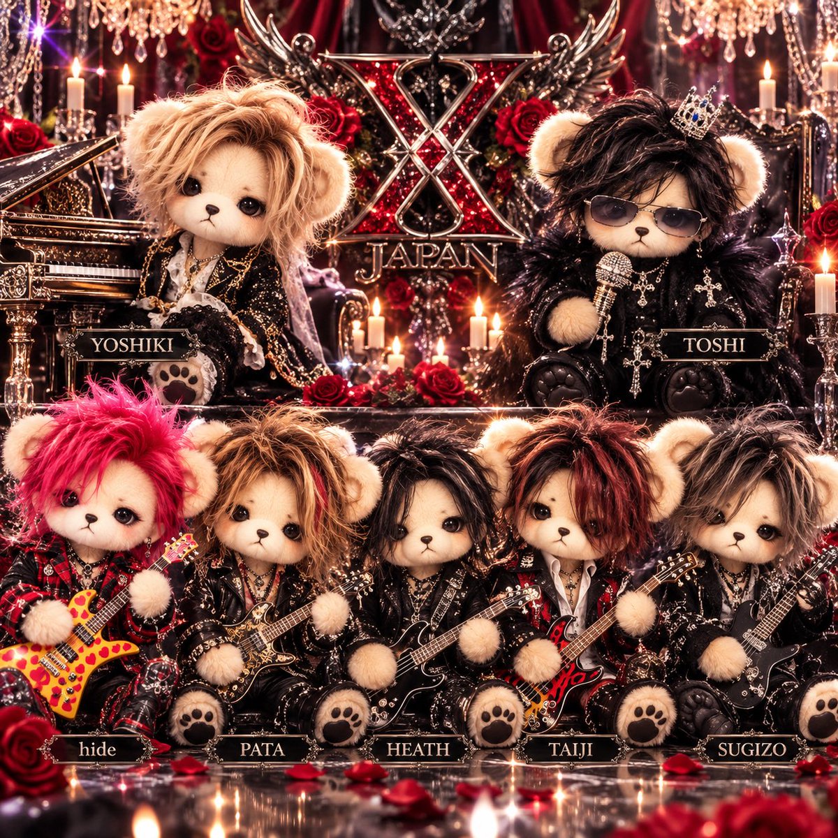 hide722yu's tweet photo. XJAPANのメンバーをイメージした、くま🧸ちゃん(*´罒`*)

 #XJAPAN
 #メンバー
 #くま
 #画像どうぞ https://t.co/thpFbhV5ng