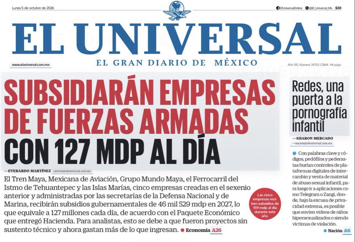 AdrianaDavilaF's tweet photo. ¿En qué momento un negocio necesita subsidios millonarios para sobrevivir?

127 millones de pesos al día. Ese es el costo de subsidiar en 2027 a cinco empresas administradas por las Fuerzas Armadas.

@El_Universal_Mx https://t.co/SUu4ymDuDs