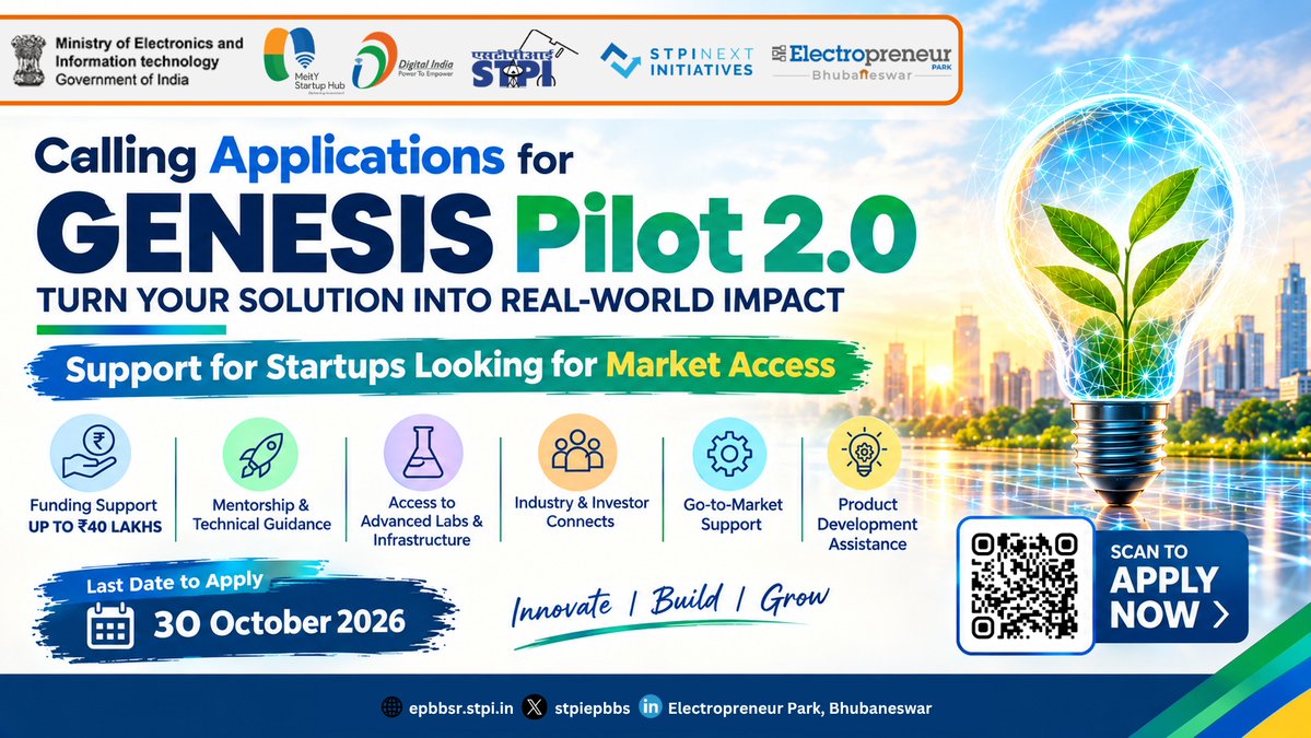 stpiepbbs's tweet photo. @stpiepbbs invites applications from eligible startups under GENESIS Pilot2.0,an initiative supported by the MeitY &amp; @meitystartuphub.The programme is designed to support startups in transforming innovative soln. into real-world products &amp; market opportunities
Last Date: 30/10/26 https://t.co/IF803URliq