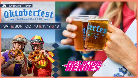 An advertisement for 'Oktoberfest at Santa Anita Park' on Oct 10, 11, 17 & 18, featuring jockeys eating pretzels and people clinking beer steins, sponsored by 'Pistol Packin' Heroes'.