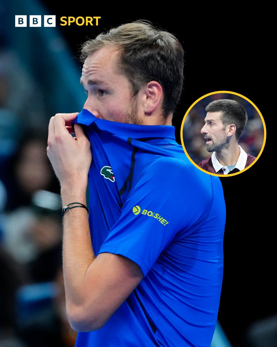 BBCSport's tweet photo. Novak Djokovic is into the final of the China Open after his opponent, Daniil Medvedev was defaulted for appearing to hit a fan in the face with the ball ❌

Djokovic becomes the oldest player to reach an ATP 500 final, aged 39 years and 4 months 👏 https://t.co/LXPQNaDrAx