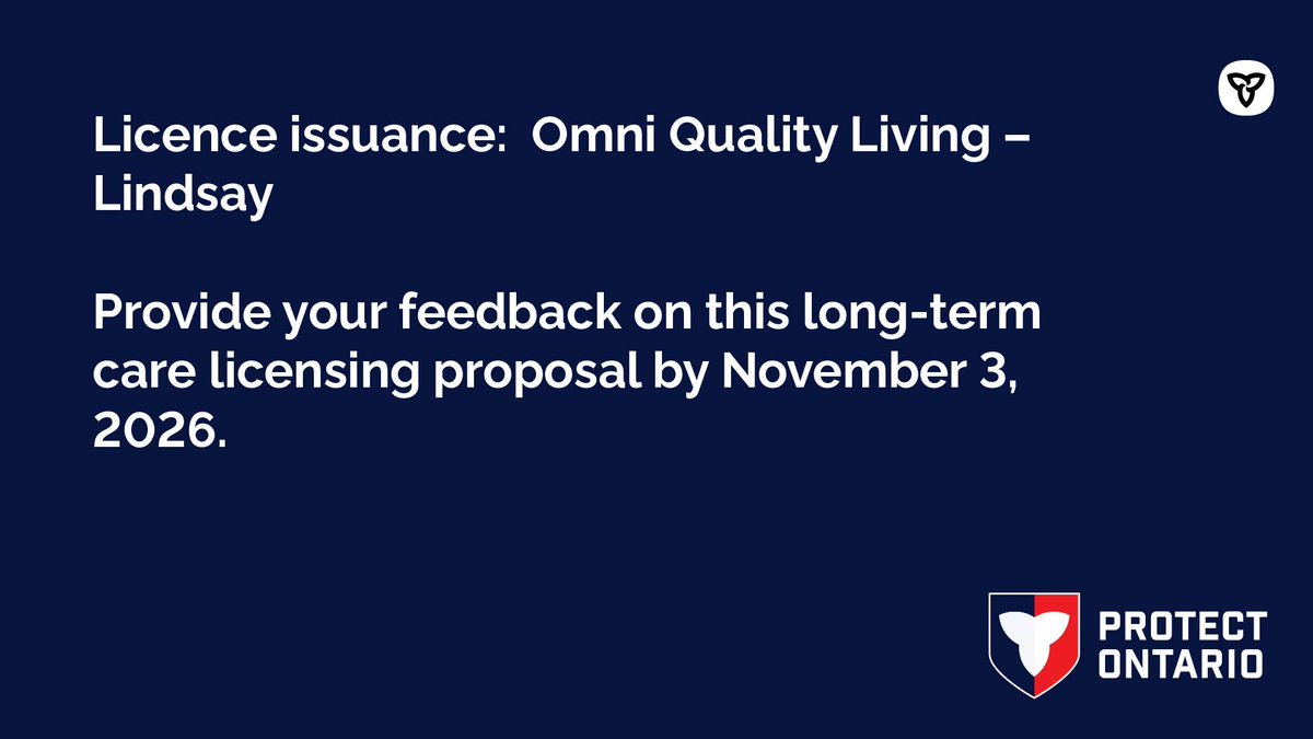 ONlongtermcare's tweet photo. We are currently accepting feedback on a #LongTermCare licence proposal from Omni Quality Living – Lindsay.

https://t.co/4bwiq5WmAi https://t.co/tYjVljr3bE