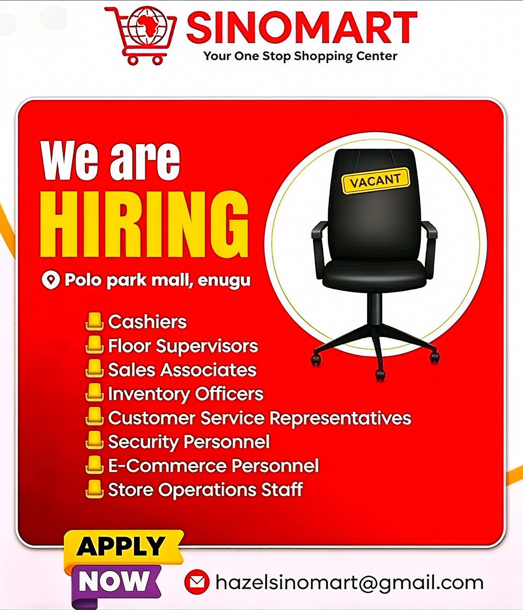 KelOnovo's tweet photo. Sino Mart Enugu is hiring.
Apply or share this with someone who is looking for employment. https://t.co/c92dbpBEQt