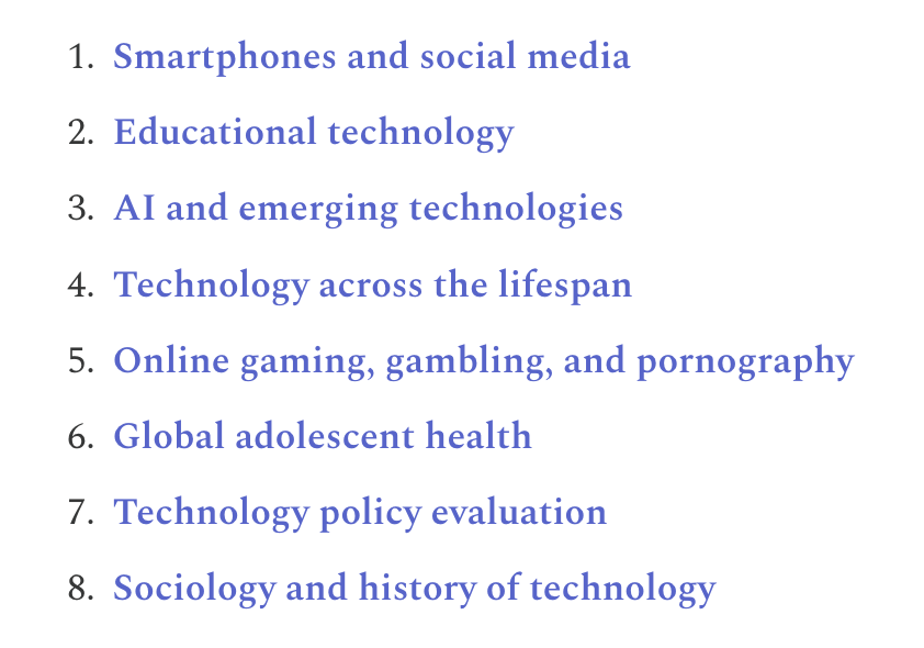 JonHaidt's tweet photo. At the Tech and Society Lab at NYU-Stern, we have been studying the effects of many kinds of technology on kids &amp; teens. 

For the first time, we have posted all of our academic publications, tools, and data-related essays in one place. Start here:
https://t.co/BJkOoTbvso https://t.co/U88AUOCsB0