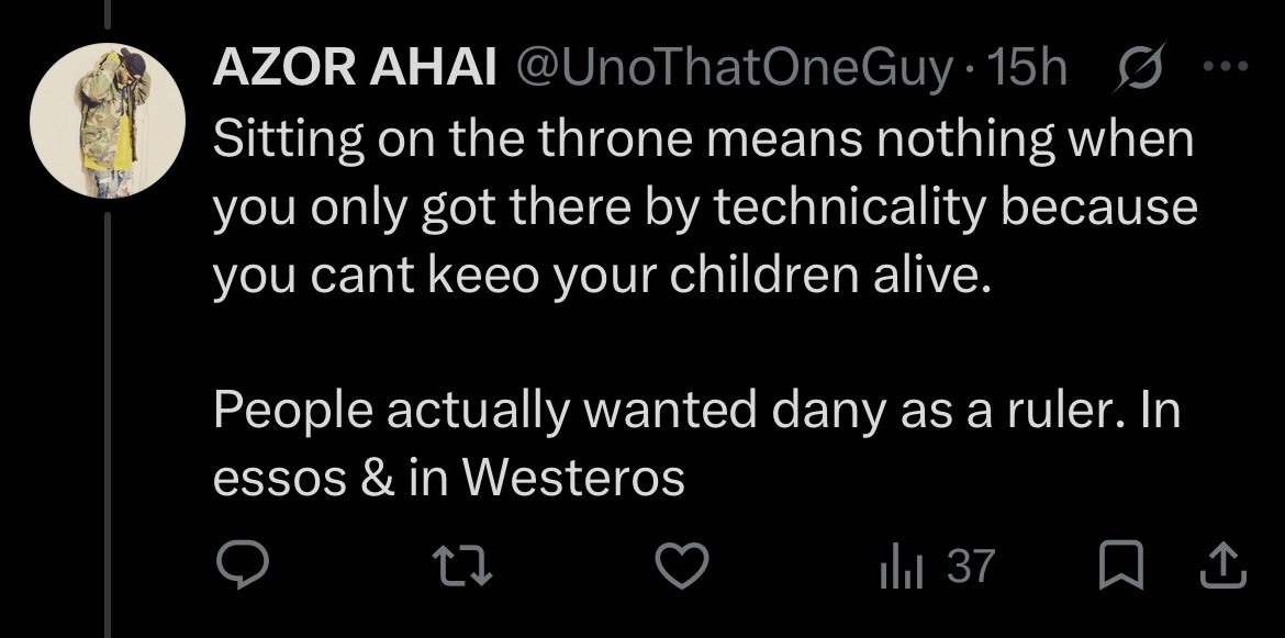 Lem_370's tweet photo. @UnoThatOneGuy @hquestudio @sir_great07 I appreciate ur commitment to dis bit
Ur doin the same thing😁
Ur goin in circles

YOU: “dany outlived cersei TECHNICALLY!
technical fact = argument over!

ALSO YOU: “Cersei only sat the throne TECHNICALLY(👇🏻*)” and dat means nth!

So context matters only wen it helps Dany? https://t.co/vacwekxLuy
