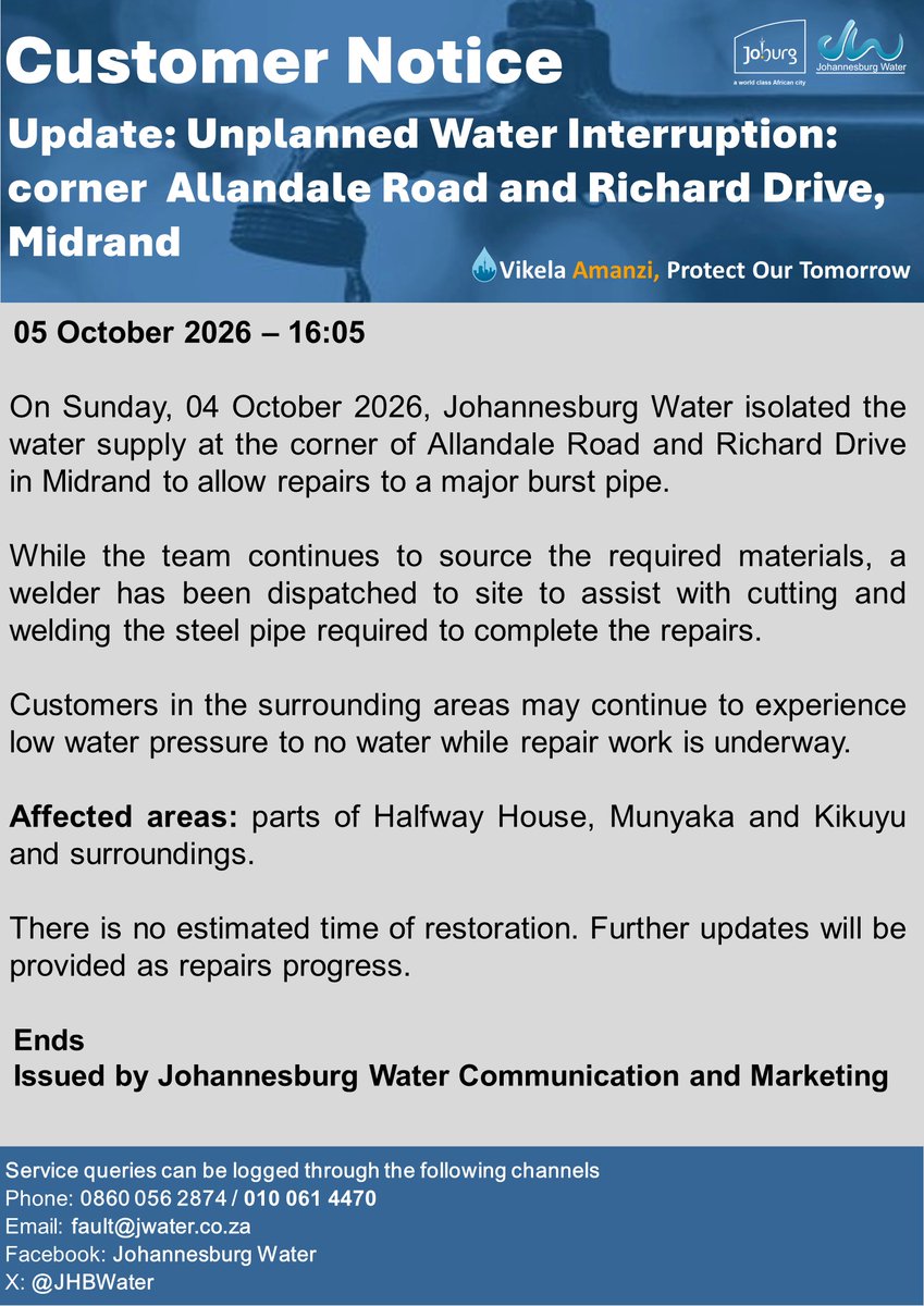 Official Johannesburg Water notice