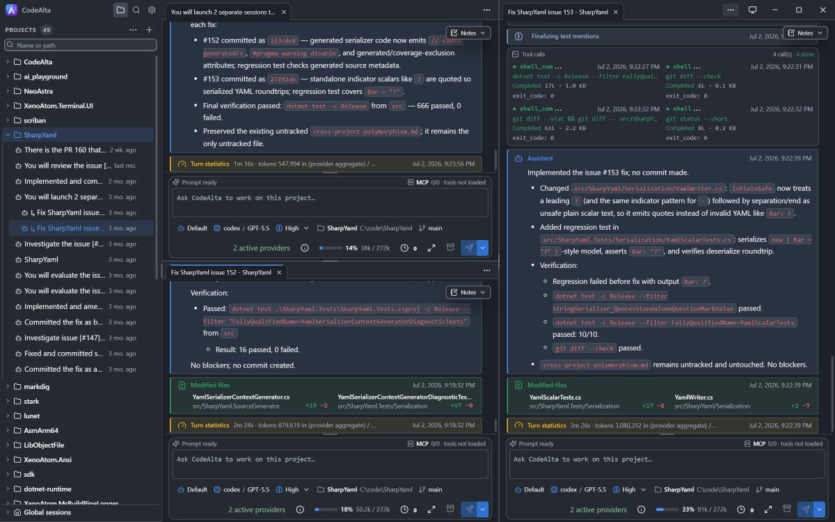 xoofx's tweet photo. Heya! 🥳 Today I released CodeAlta 1.0.0, the AI coding agent developed in C# .NET (mostly) which includes a brand-new desktop frontend! 🚀 Works with your ChatGPT / Copilot subscriptions and more. Single file C# plugins also supported there! 🤯 https://t.co/aJ4EiSKQWI